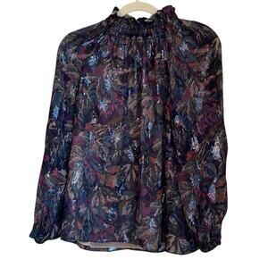 Rebecca Taylor Womens Size 6 Smocked Neck Blue Leaf Print Shimmer Silk Blouse